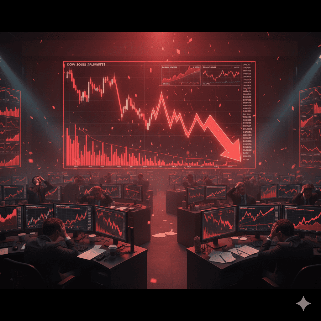 Queda do mercado financeiro com gráficos em baixa, representando uma oportunidade de compra de ações a preços descontados.