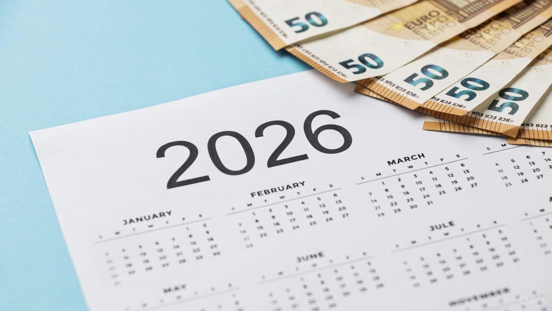 Calendário do ano de 2026 aberto sobre fundo azul claro com várias notas de euro ao lado, representando o fluxo constante de dividendos e JCP durante os 12 meses do ano em uma carteira de ações e fundos imobiliários bem diversificada.