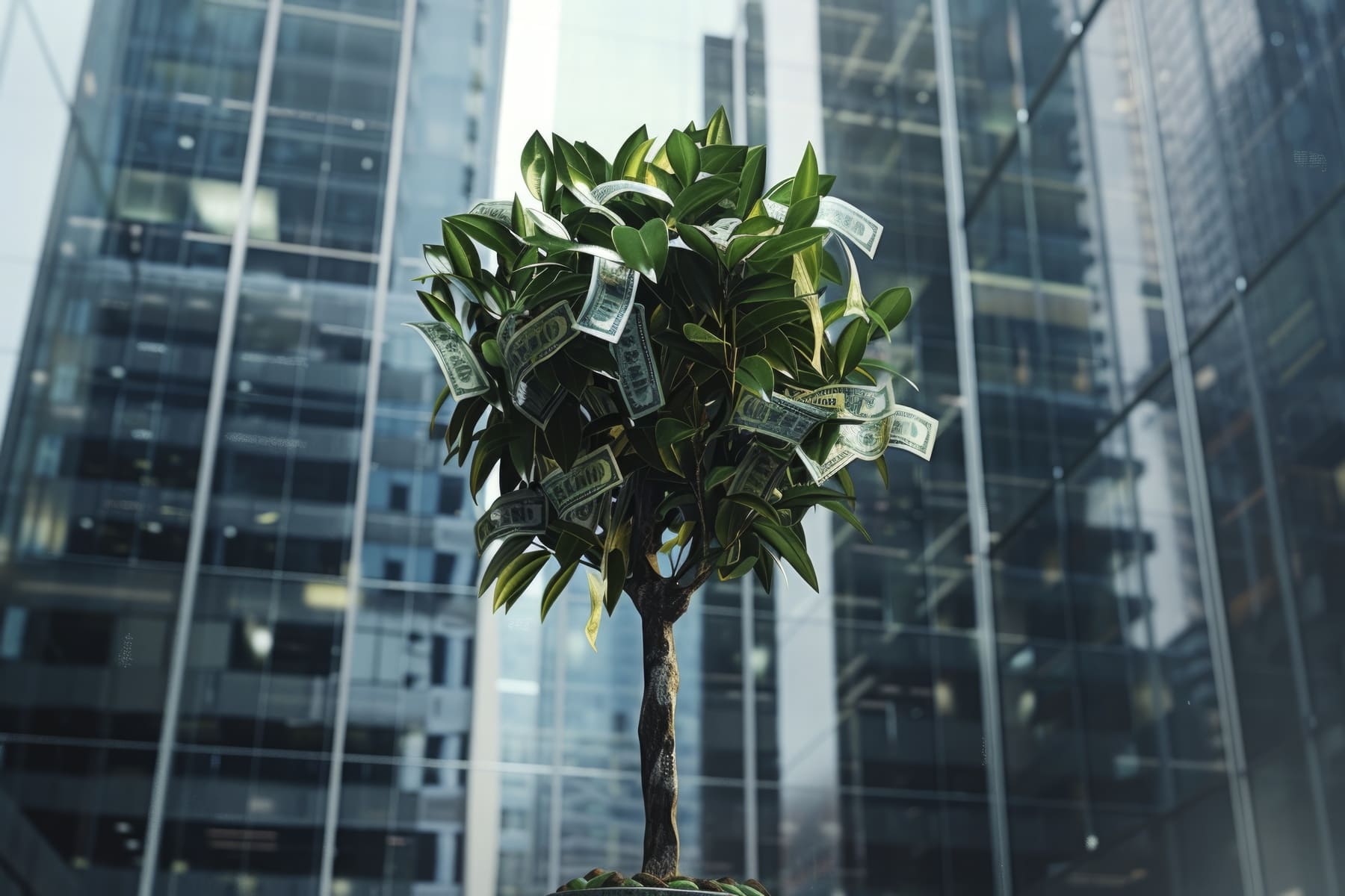Viver de dividendos B3: Pequena árvore crescendo em um vaso, com prédios de escritórios (símbolo de investimento e crescimento patrimonial) ao fundo.