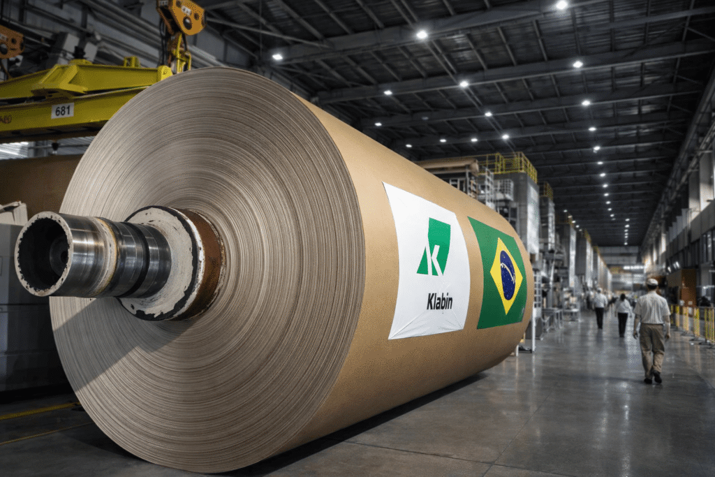 Rolo gigante de papel kraft em armazém industrial de fábrica de celulose e embalagens da Klabin, ilustrando a produção integrada no setor de papel e celulose no Brasil