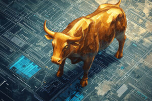 Touro dourado representando o bull market e a valorização das small caps para 2026.