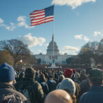 Multidão com bandeiras dos Estados Unidos durante evento político relacionado ao plano de Donald Trump para 2025 e 2026