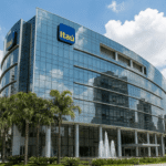 Fachada do edifício sede do Itaú Unibanco com logotipo em destaque sob céu azul, ilustrando notícias sobre ações ITUB4.