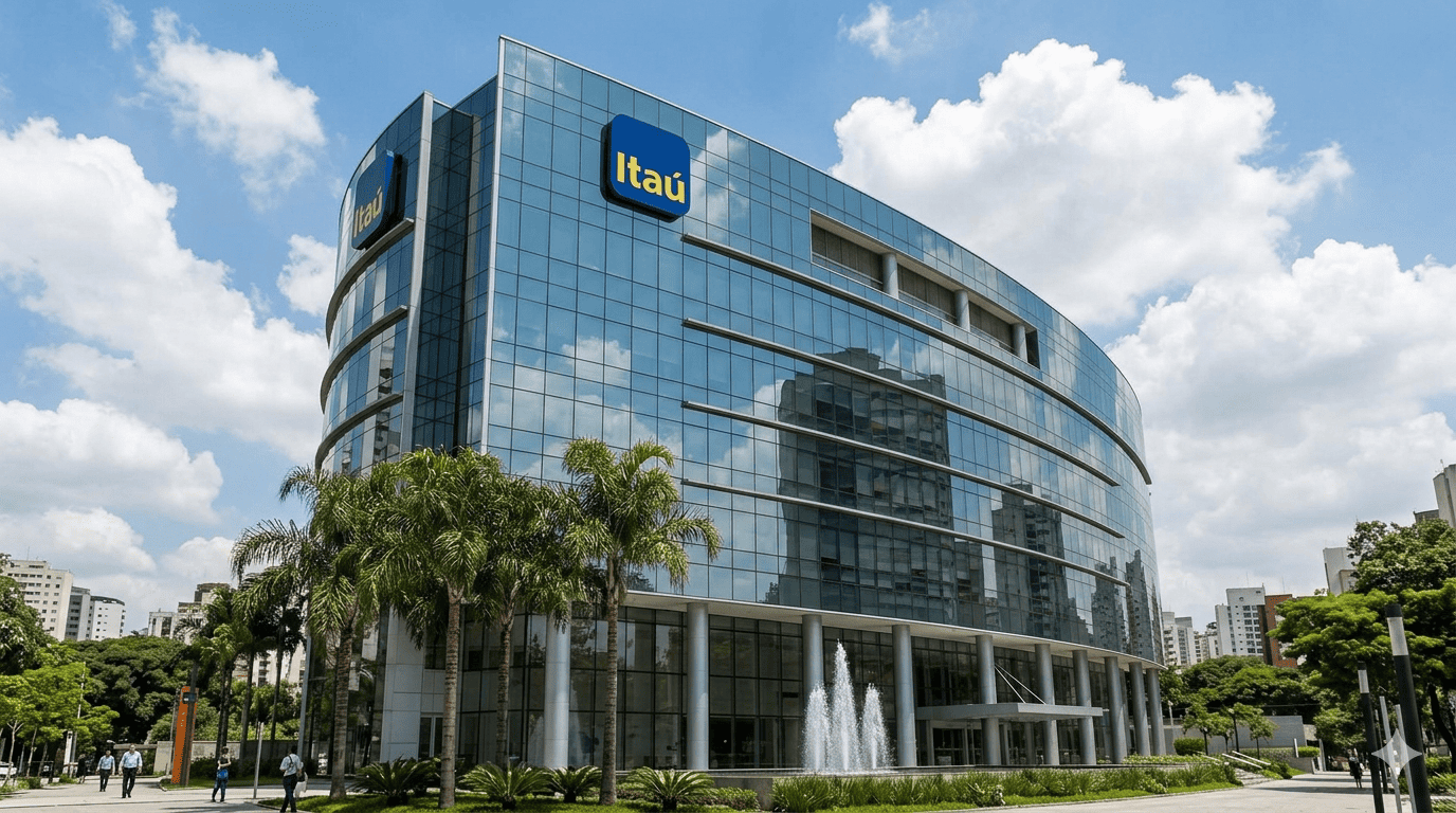 Fachada do edifício sede do Itaú Unibanco com logotipo em destaque sob céu azul, ilustrando notícias sobre ações ITUB4.